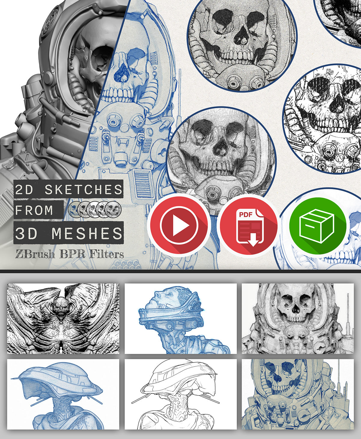 2D Sketches from 3D Meshes - ZBrush BPR filters pack