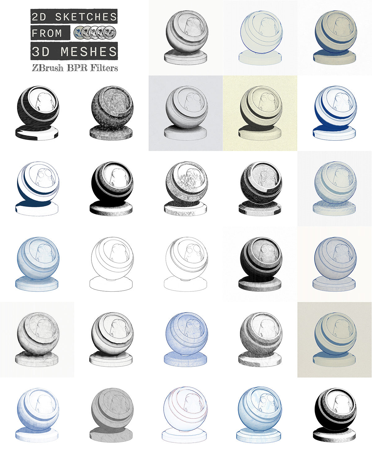 2D Sketches from 3D Meshes - ZBrush BPR filters pack